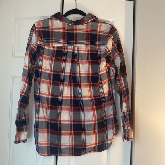 Woman’s Old Navy orange and blue plaid button up shirt. Size medium. - Picture 2 of 3